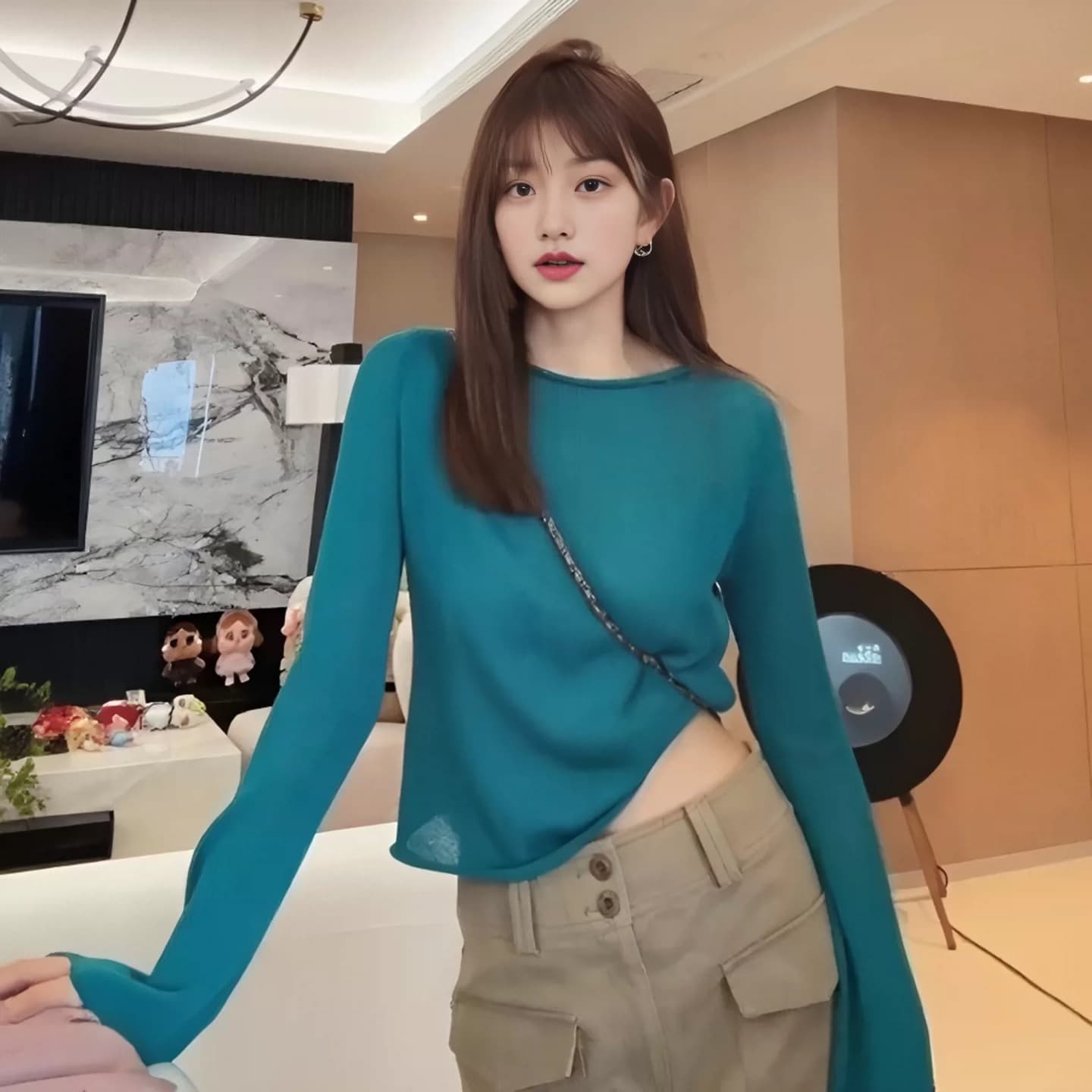 나팔 소매 볼륨 측면 길이 소매 짠 셔츠 여성 가을 느긋한 바람 스웨터 2026 새로운 파란색 고급 센스 루즈핏 맨위 상세 이미지 3
