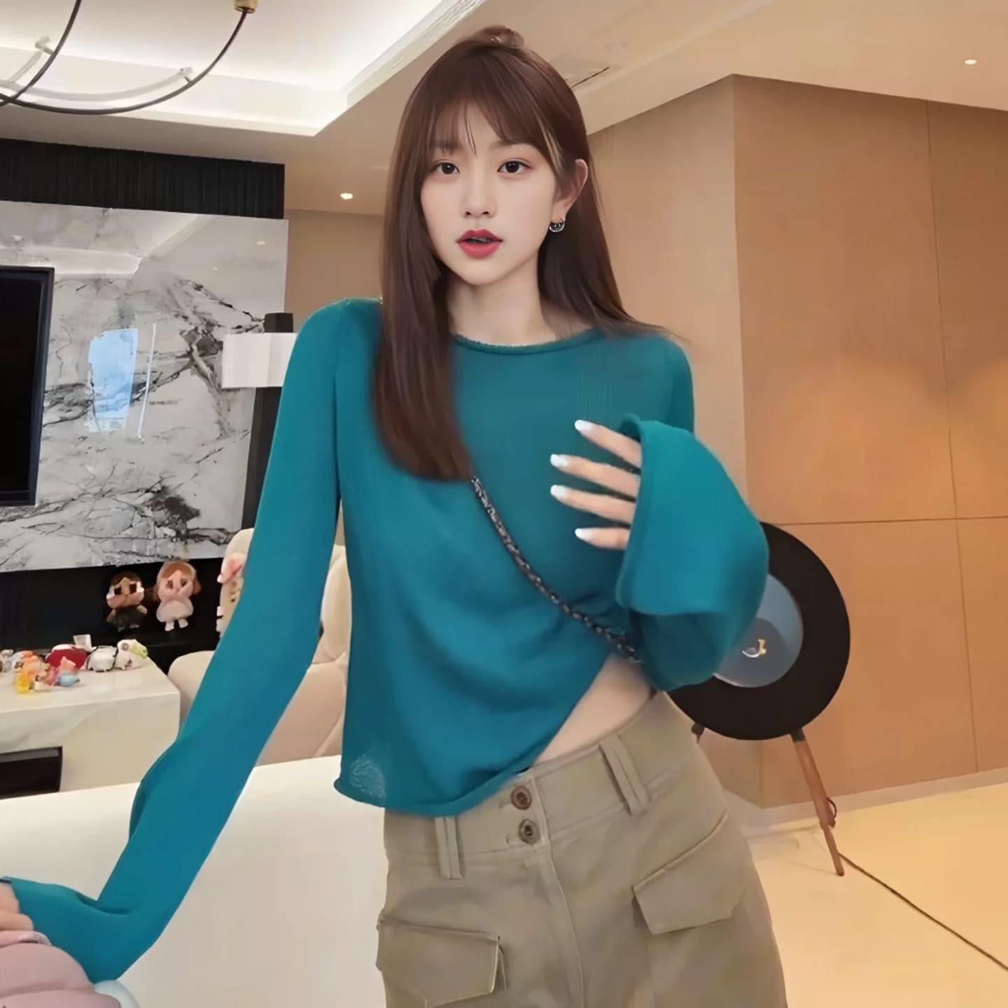 나팔 소매 볼륨 측면 길이 소매 짠 셔츠 여성 가을 느긋한 바람 스웨터 2026 새로운 파란색 고급 센스 루즈핏 맨위 상세 이미지 4