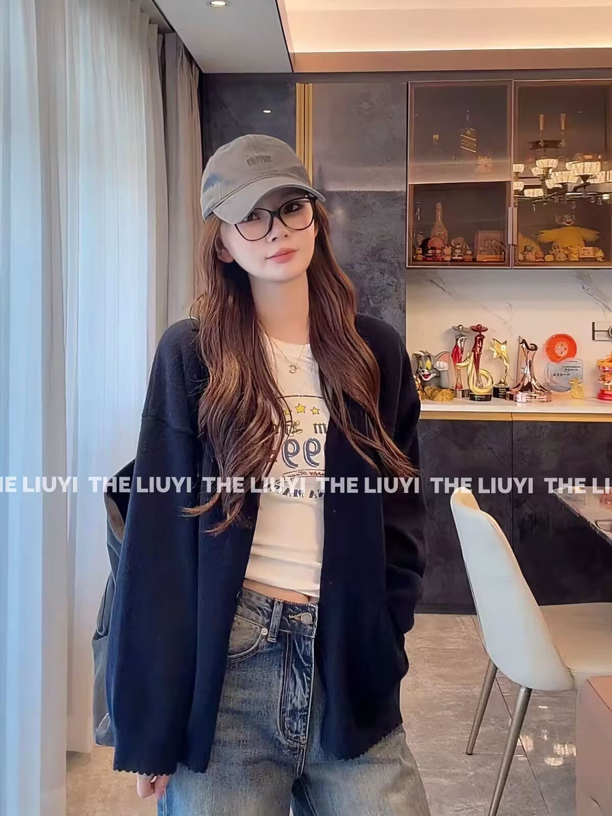 루즈핏 느긋한 바람 블루 색상 긴팔 스웨터 여성 코트 가을 새로운 부드러운 찹쌀 다용도 니트 오픈 가디건
