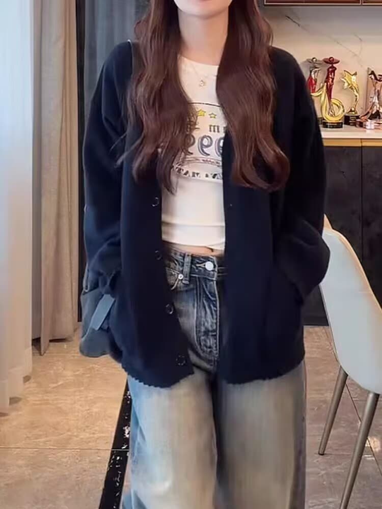루즈핏 느긋한 바람 블루 색상 긴팔 스웨터 여성 코트 가을 새로운 부드러운 찹쌀 다용도 니트 오픈 가디건 상세 이미지 4