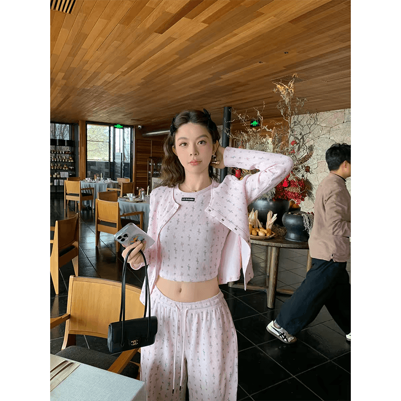 le rouge 주 아름다움 느긋한 핫걸 소녀 분말 후아 남편 그리드 프린트 오픈 가디건 조끼 캐주얼 바지 세트 이미지 5