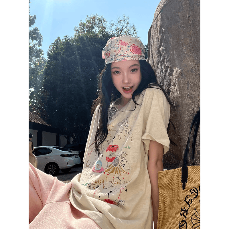 지구 Ouyang party 작은 말 tee 재미있는 낙서 200g 눈꽃 면 디자인 센스 수채화 프린트 티셔츠 이미지 5