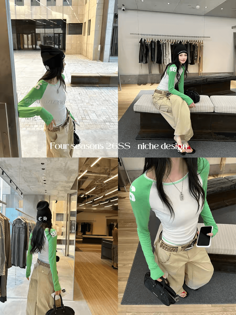 지구 Ouyang 얼음 아메리칸 스키니 t 호흡 센스 주간 실크 양모 vtg 프린트 배색 삽입 어깨 소매 티셔츠 상세 이미지 1