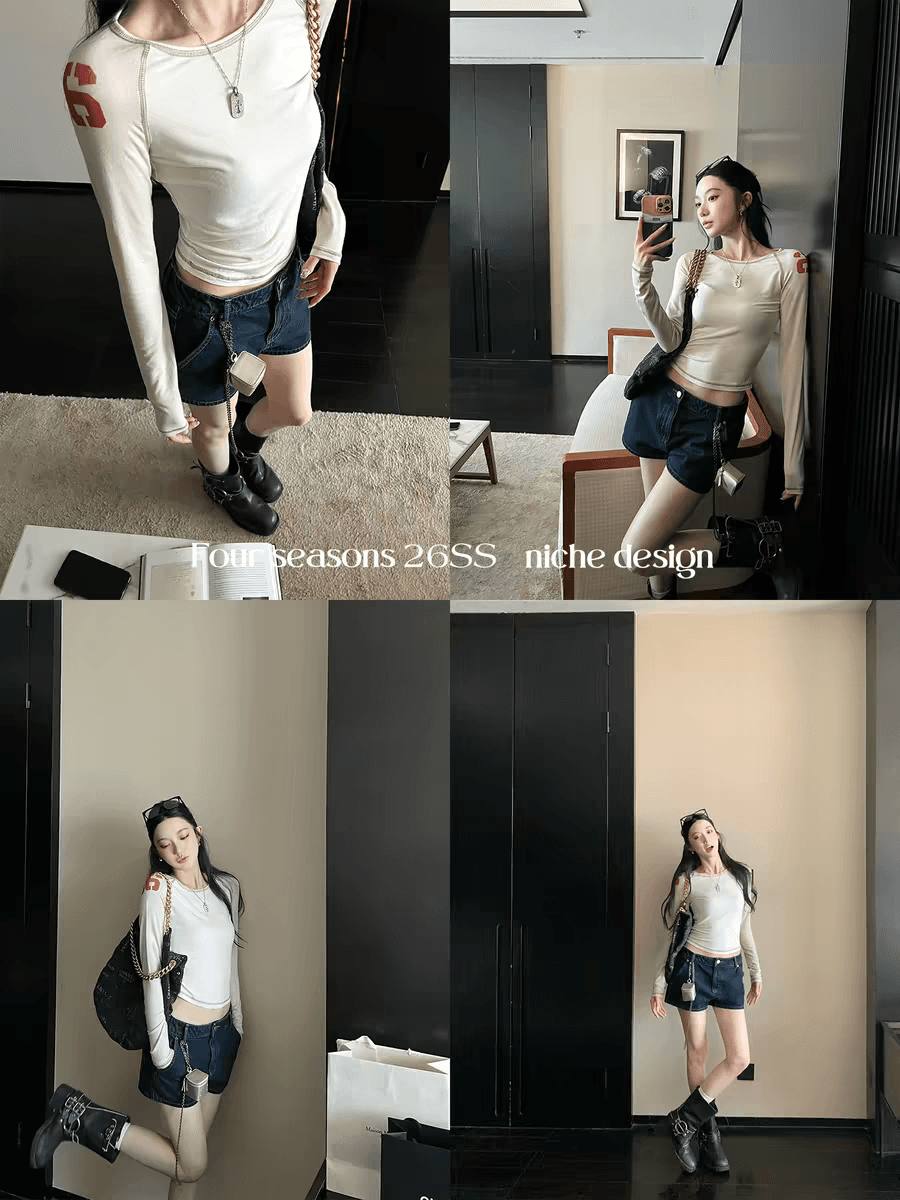 지구 Ouyang 얼음 아메리칸 스키니 t 호흡 센스 주간 실크 양모 vtg 프린트 배색 삽입 어깨 소매 티셔츠 상세 이미지 5
