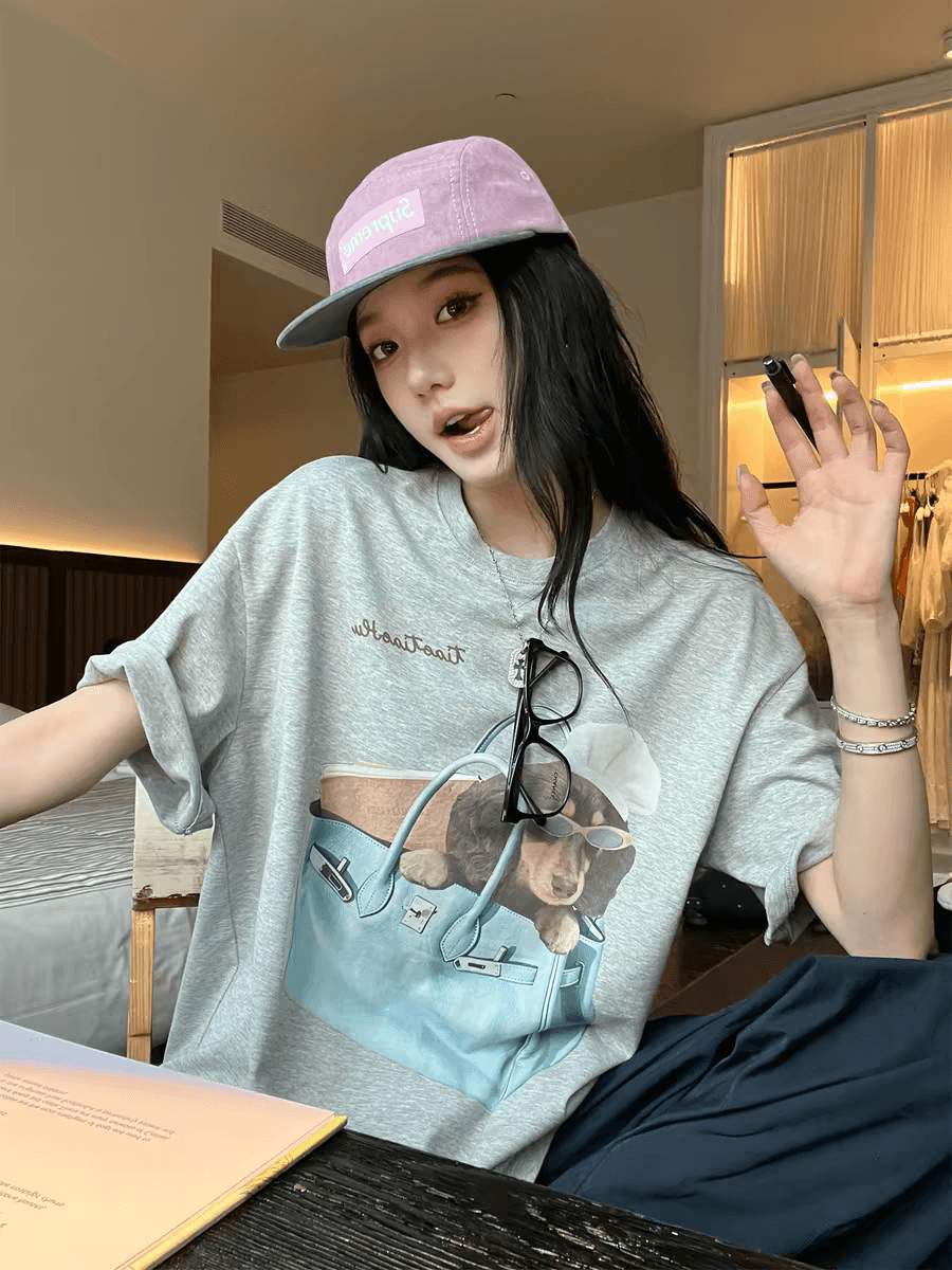 지구 Ouyang du 홈 오리지널 티거 사무실 인력 숙박 오리지널 프린트 루즈핏 가을 어깨 반팔 티셔츠 상세 이미지 1