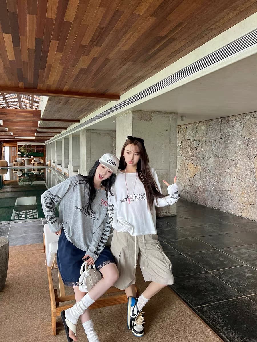 지구 Ouyang 골드 제니 같은 단락 느슨함 아메리칸 호흡 센스 면 린넨 질감 vtg 알파벳 프린트 티셔츠 상세 이미지 3
