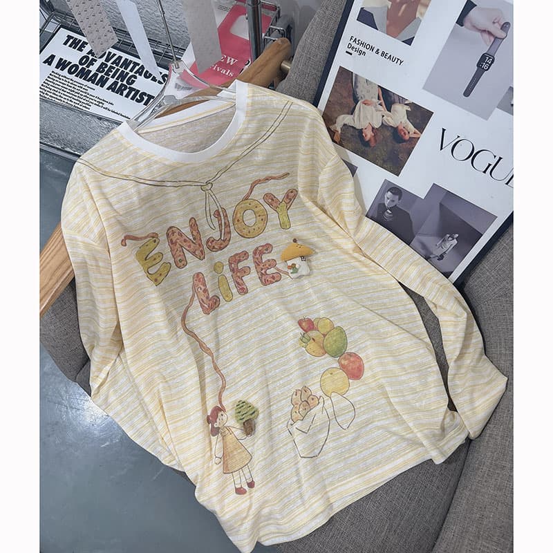 지구 Ouyang enjoy life 도파민 여름 재미있는 수채화 프린트 스트라이프 루즈핏 긴팔 티셔츠 상세 이미지 5