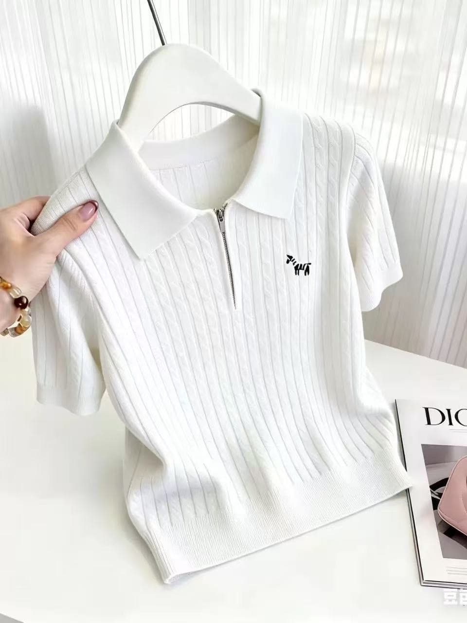 미니멀리즘 POLO 칼라 꽈배기 니트 스웨터 빅 사이즈 지방 mm 여성 여름 새로운 반팔 하프 지퍼 품격 캐주얼 맨위 상세 이미지 3