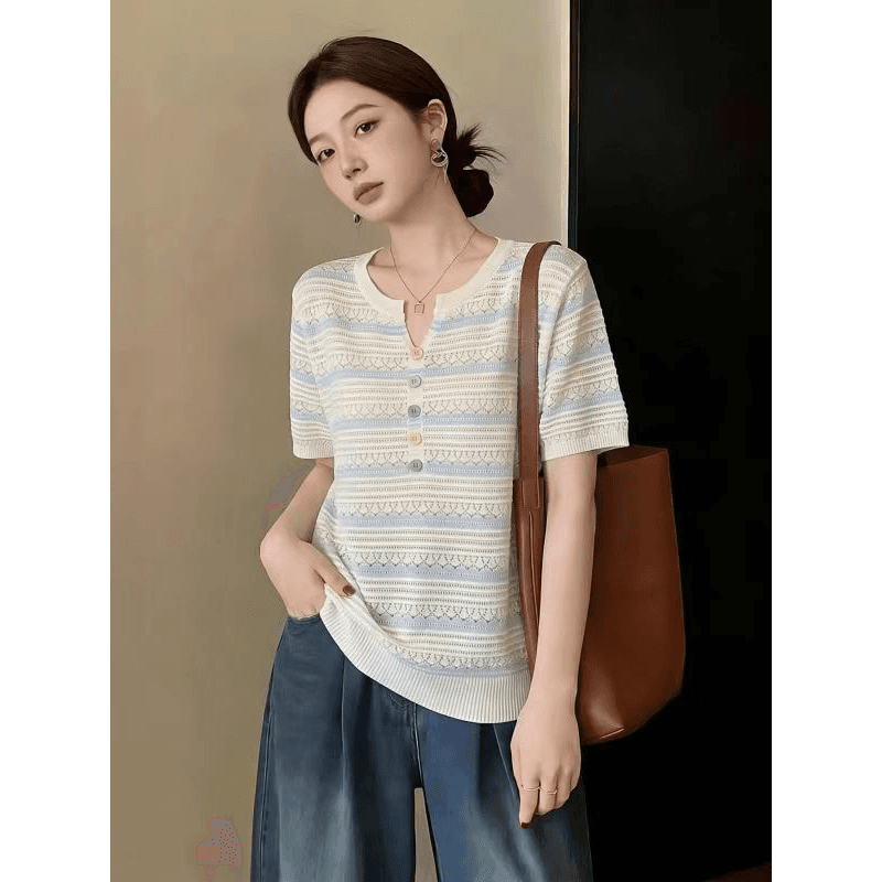 하늘색 홀로우 아웃 스트라이프 긍정적 인 어깨 반팔 티셔츠 여성 2026 여름 새로운 빅 사이즈 지방 mm 표지 배 연령 감소 맨위 이미지 5