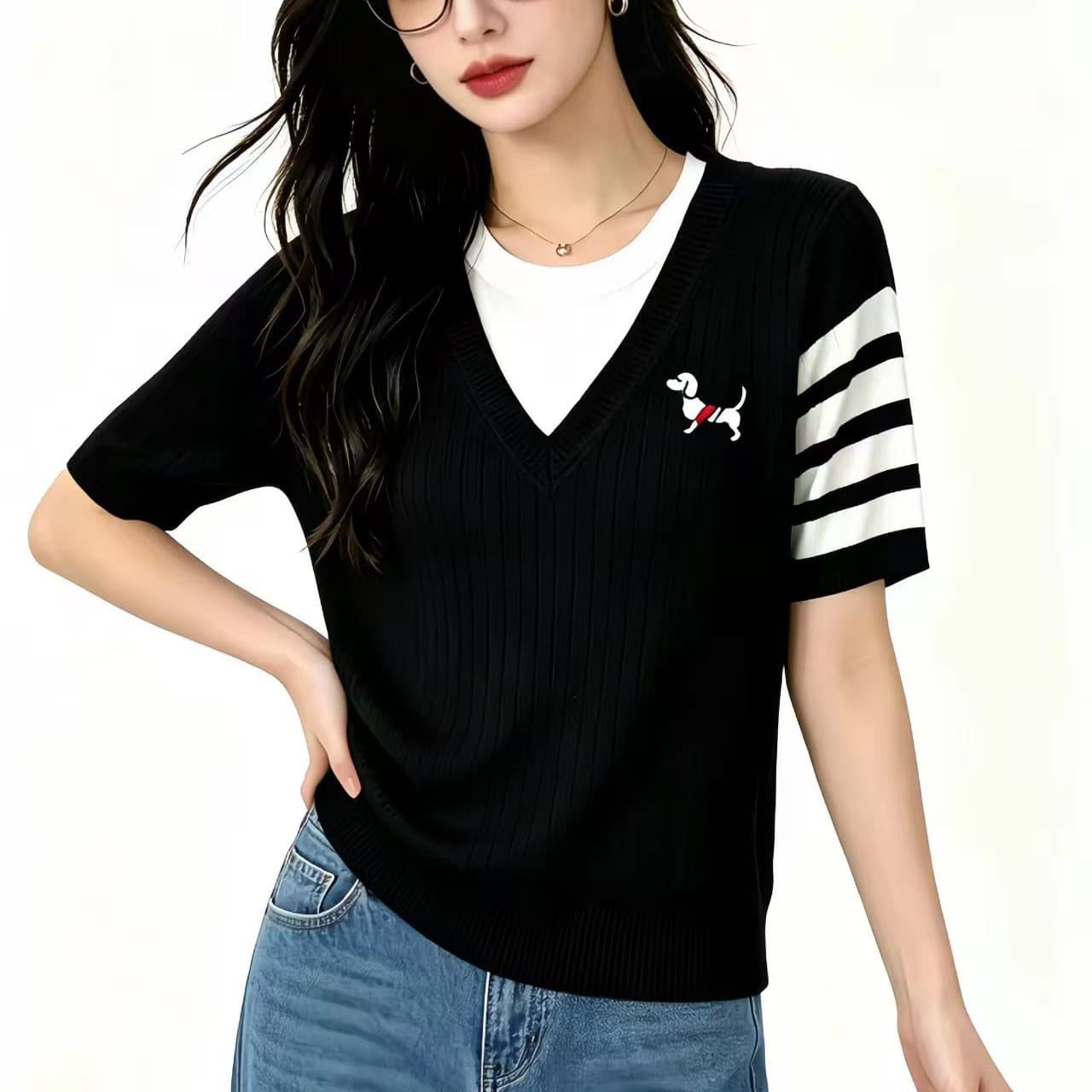 여름 새로운 라운드 넥 페이크 레이어드 가슴 강아지 자수 꽈배기 반팔 니트 맨위 몸매 가꾸기 슬림해 보이는 이미지 5