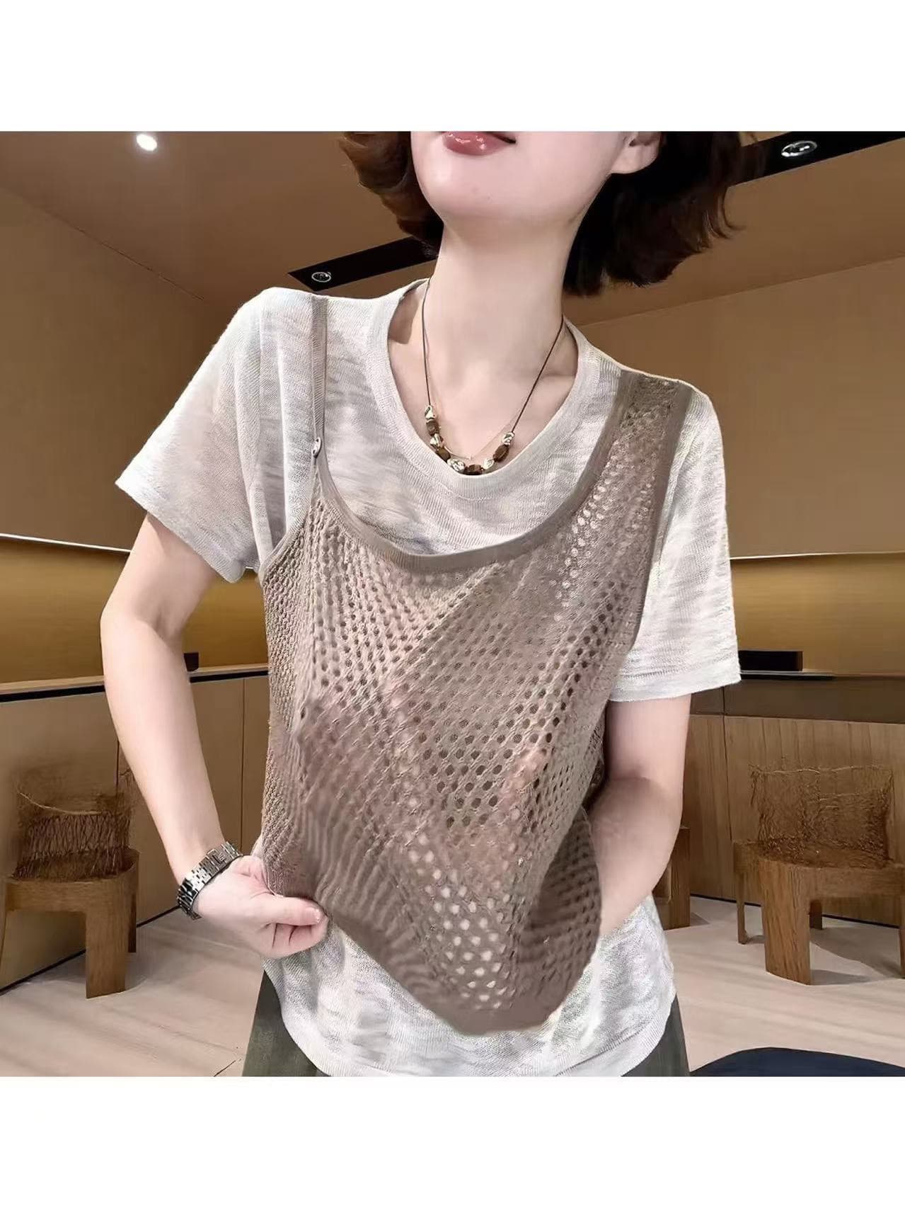 한국 동대문 여름 새로운 시간 아직도 느낌 일상 와 성별 디자인 센스 다용도 홀로우 아웃 조끼 페이크 레이어드 맨위 상세 이미지 6