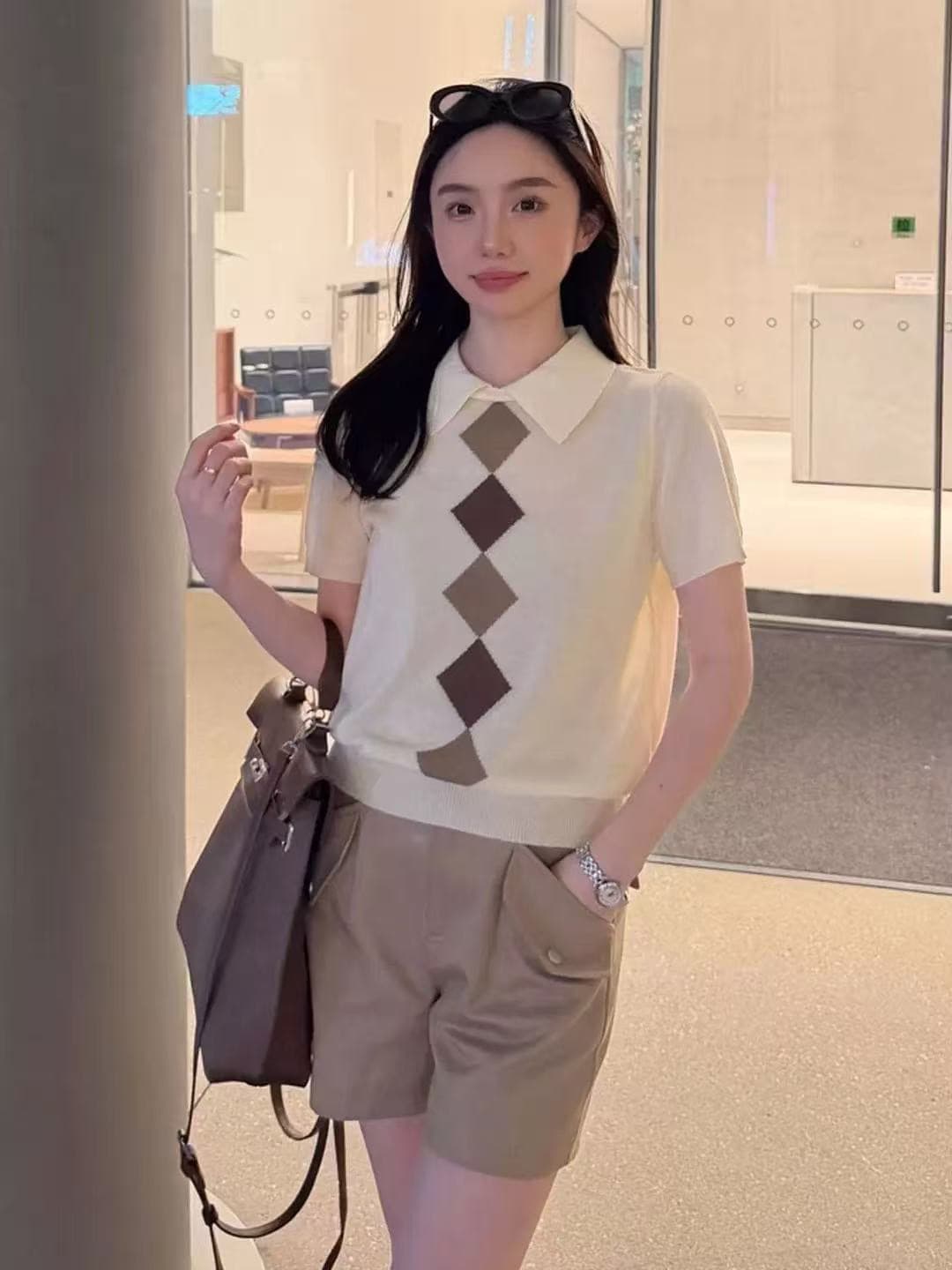 한 부서 학원 스타일 POLO 칼라 링 그리드 반팔 티셔츠 니트 스웨터 여성 여름 루즈핏 슬림해 보이는 캐주얼 맨위 얇은 스타일 이미지 4