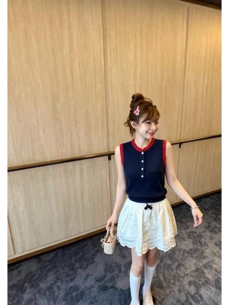 조수 브랜드 여름 배색 측면 라운드 넥 니트 조끼 여성 다용도 몸매 가꾸기 민소매 블루 색상 단추 어깨 맨위 이미지 4