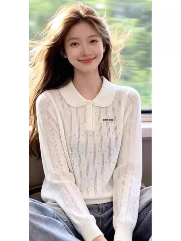 세련된 캐주얼 2026 이른 봄 색상 스트라이프 폴로 칼라 니트 반팔 여성 여름 다용도 맨위 상세 이미지 2