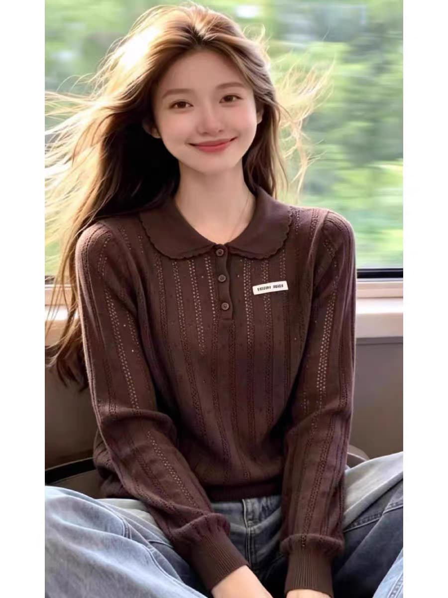 세련된 캐주얼 2026 이른 봄 색상 스트라이프 폴로 칼라 니트 반팔 여성 여름 다용도 맨위 상세 이미지 5