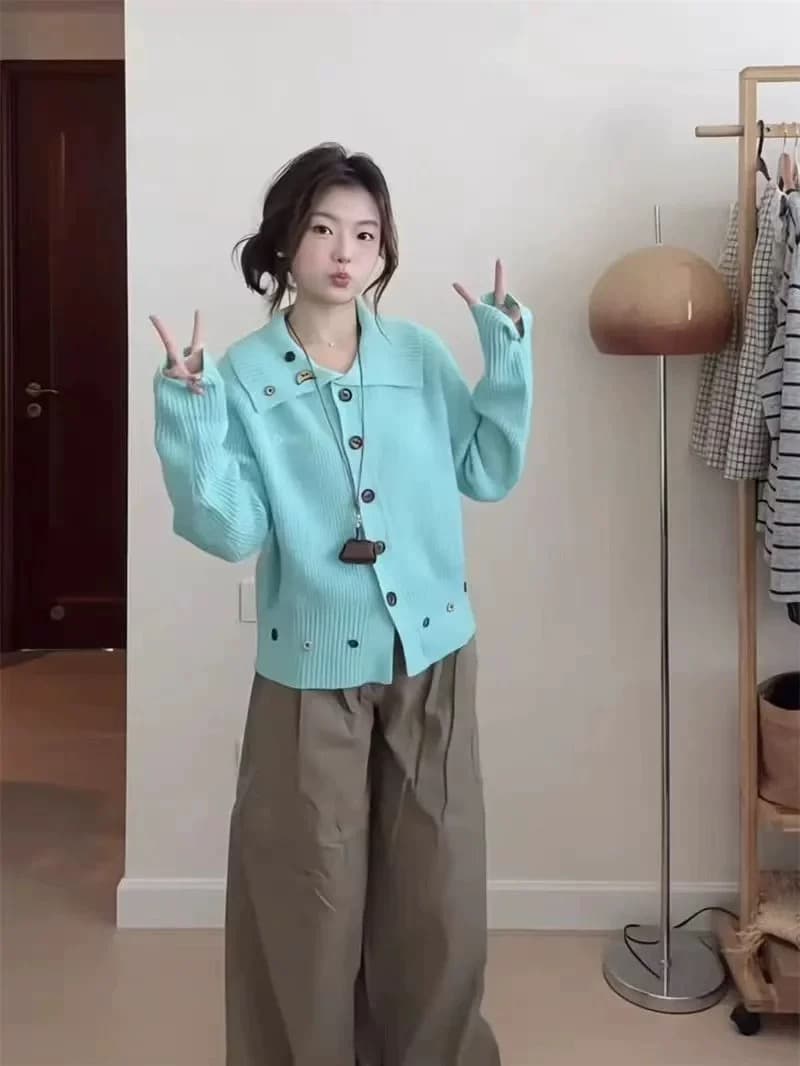 있음 선적 느긋한 바람 폴로 칼라 긴팔 니트 스웨터 여성 가을 작은 키 외국 가스 루즈핏 캐주얼 스웨터 코트 이미지 2