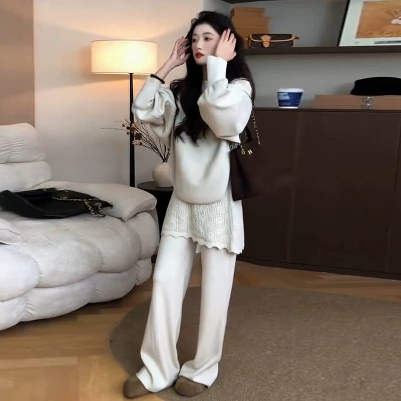 새로운 회색 니트 의류 방귀 커튼 바지 세트 여성 가을 겨울철 작은 키 캐주얼 운동 투피스 세트 상세 이미지 1
