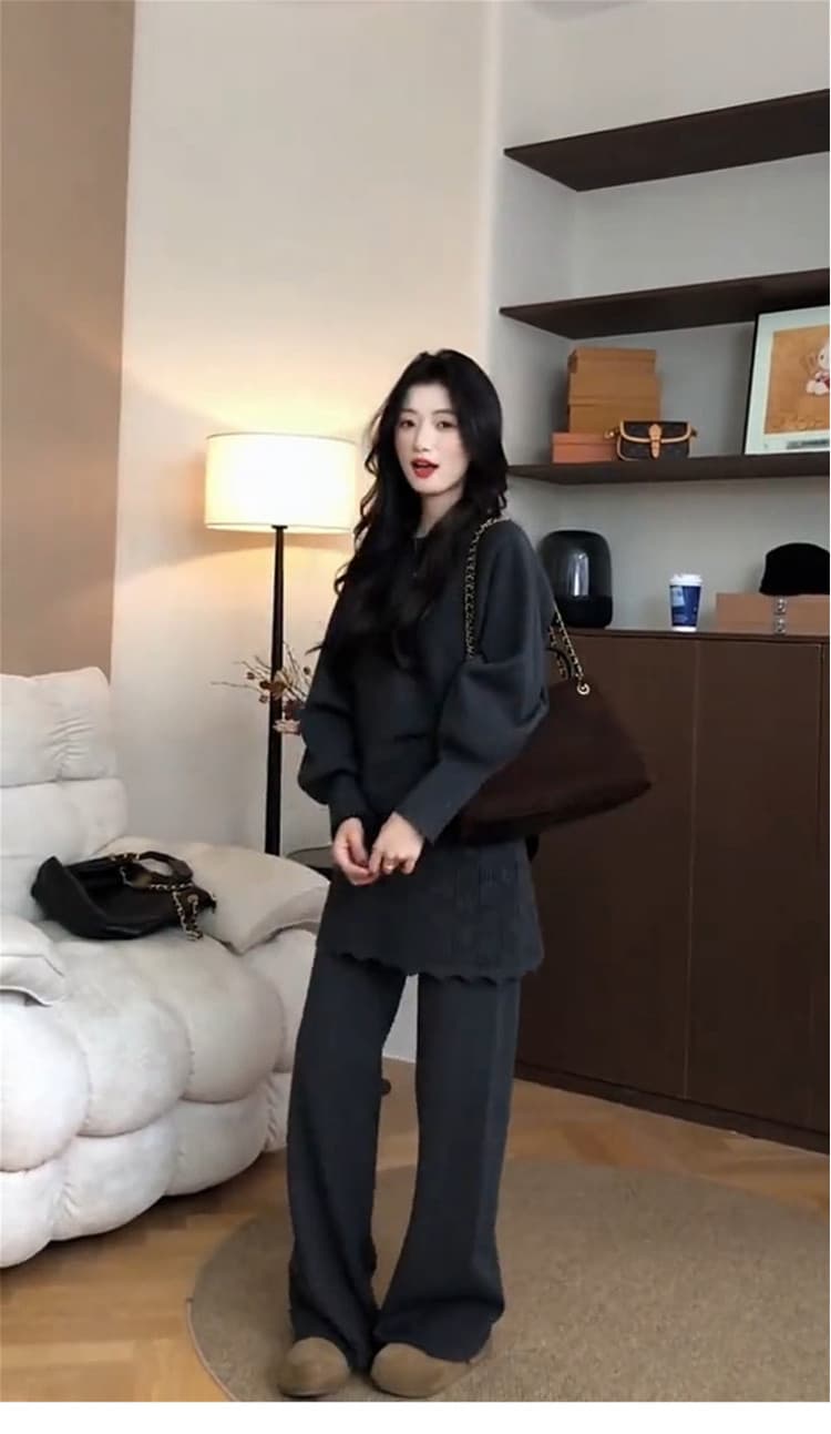 새로운 회색 니트 의류 방귀 커튼 바지 세트 여성 가을 겨울철 작은 키 캐주얼 운동 투피스 세트 상세 이미지 6