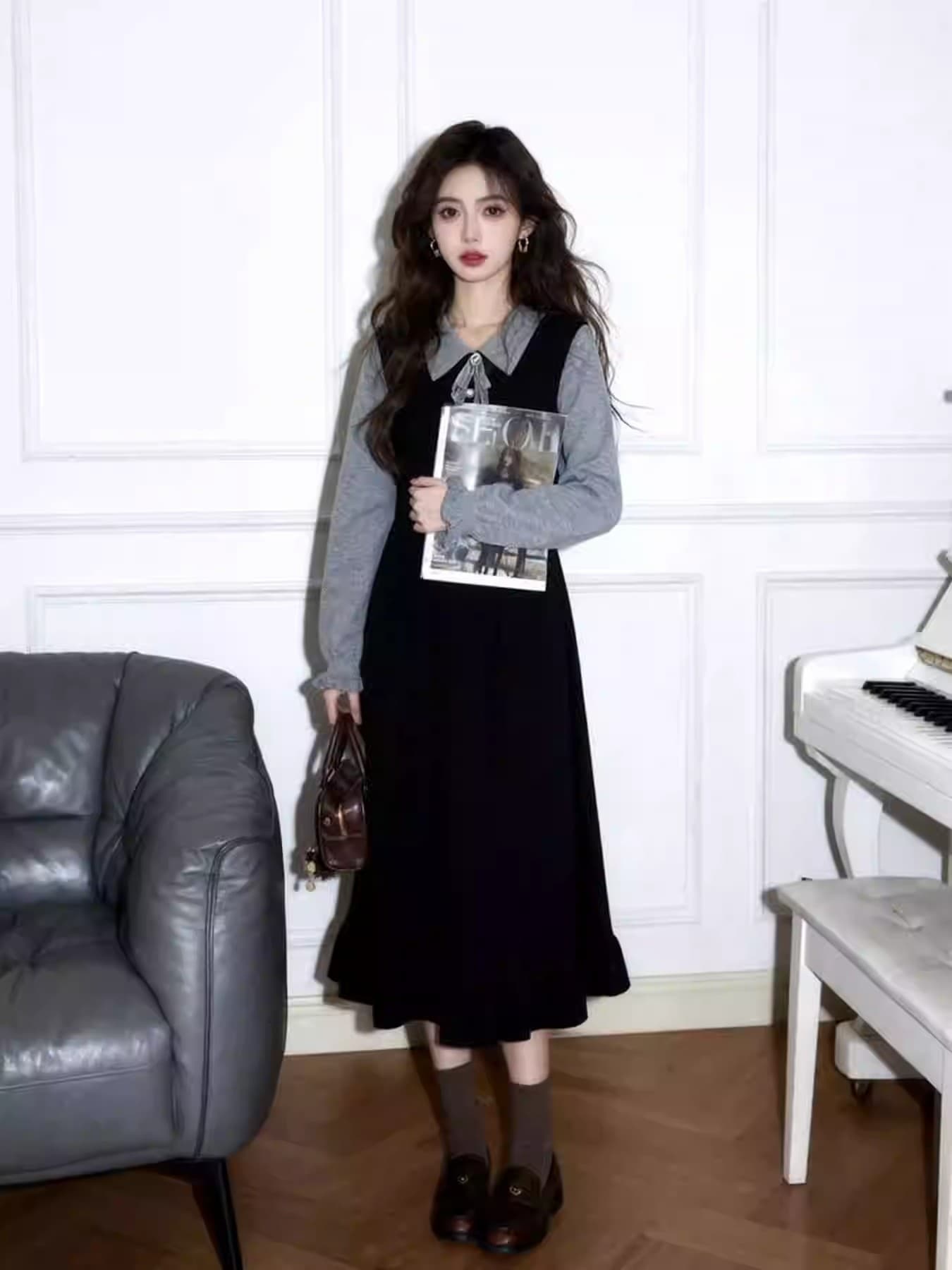 부유 한 가족 천 골드 miu 부서 착용 가져 가라. 학원 스타일 페이크 레이어드 패치워크 칼라 드레스 특별 아름다운 꼬집기 허리 작은 치마 이미지 3