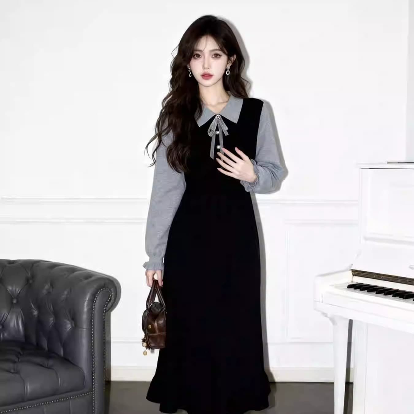 부유 한 가족 천 골드 miu 부서 착용 가져 가라. 학원 스타일 페이크 레이어드 패치워크 칼라 드레스 특별 아름다운 꼬집기 허리 작은 치마