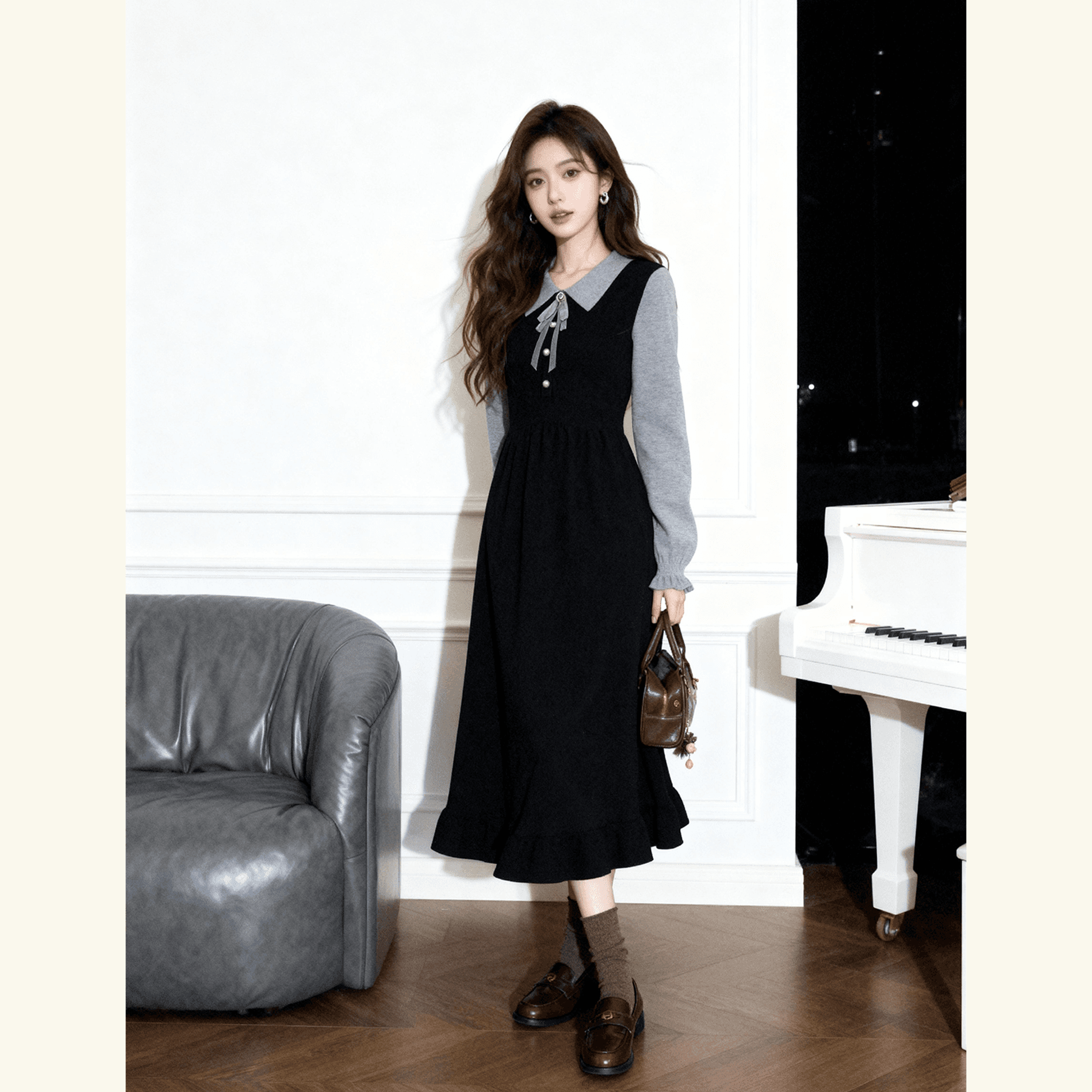 부유 한 가족 천 골드 miu 부서 착용 가져 가라. 학원 스타일 페이크 레이어드 패치워크 칼라 드레스 특별 아름다운 꼬집기 허리 작은 치마 상세 이미지 5