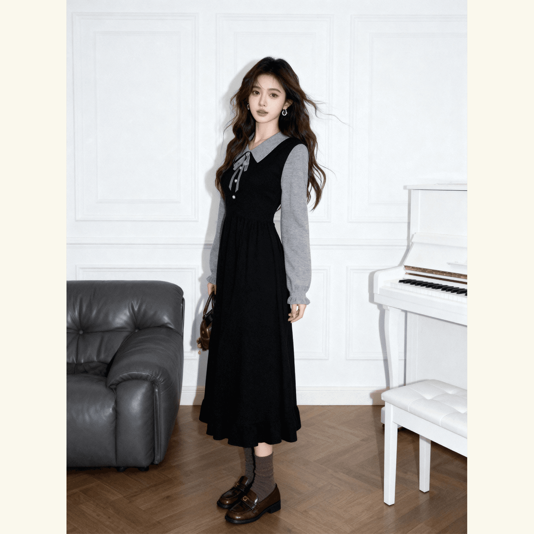 부유 한 가족 천 골드 miu 부서 착용 가져 가라. 학원 스타일 페이크 레이어드 패치워크 칼라 드레스 특별 아름다운 꼬집기 허리 작은 치마 상세 이미지 6