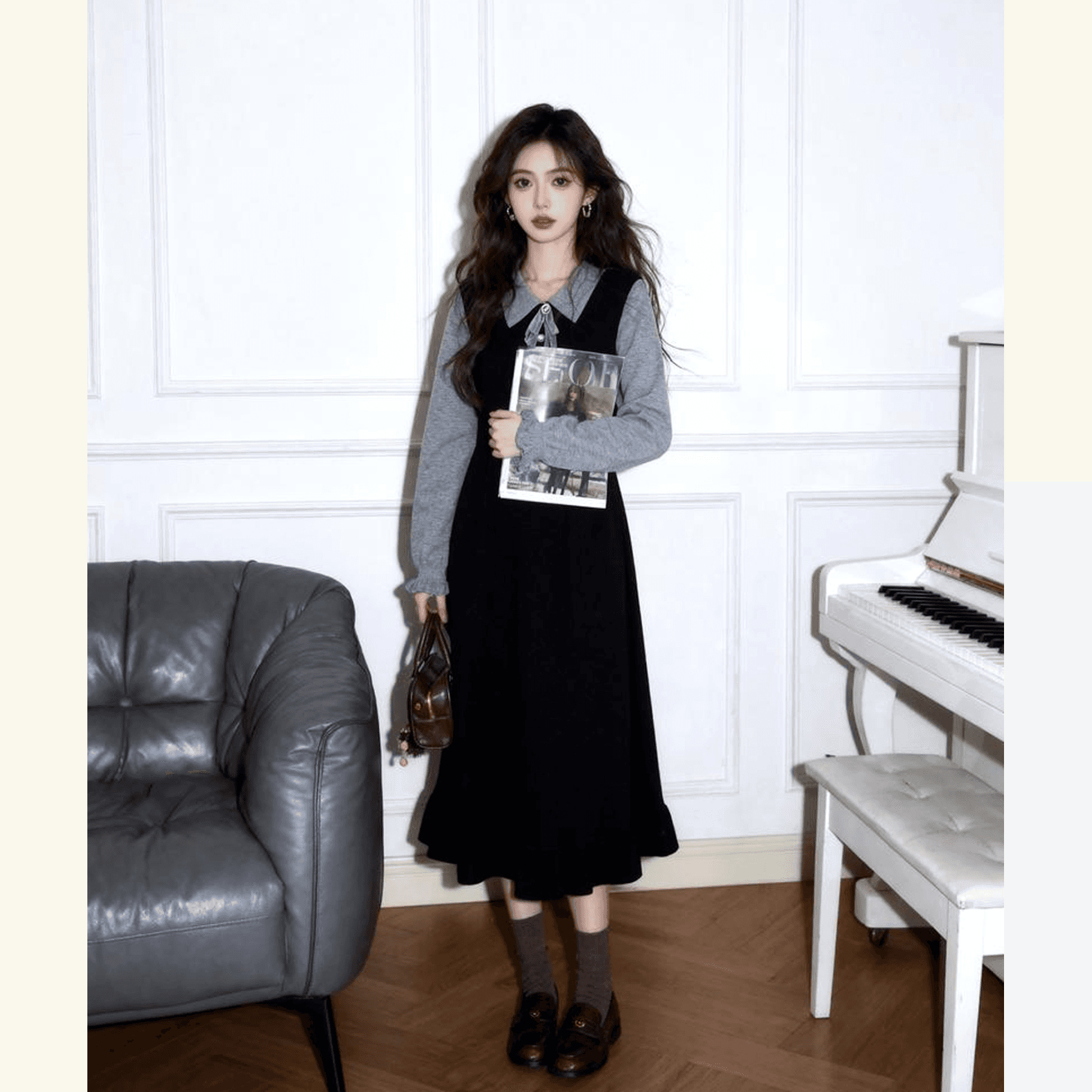 부유 한 가족 천 골드 miu 부서 착용 가져 가라. 학원 스타일 페이크 레이어드 패치워크 칼라 드레스 특별 아름다운 꼬집기 허리 작은 치마 상세 이미지 7