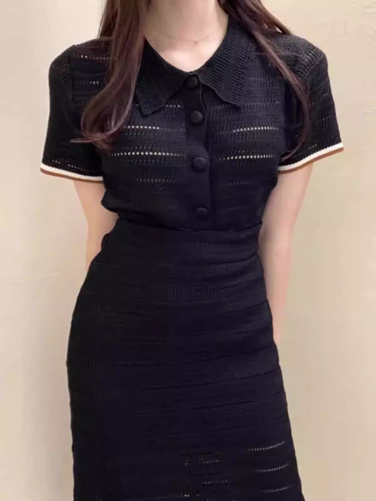 일본식 chic 작은 대중 폴로 칼라 홀로우 아웃 자카드 니트 스웨터 하이웨이스트 슬림해 보이는 타이트 스커트 반신 치마 세트 여성 봄 여름 이미지 4
