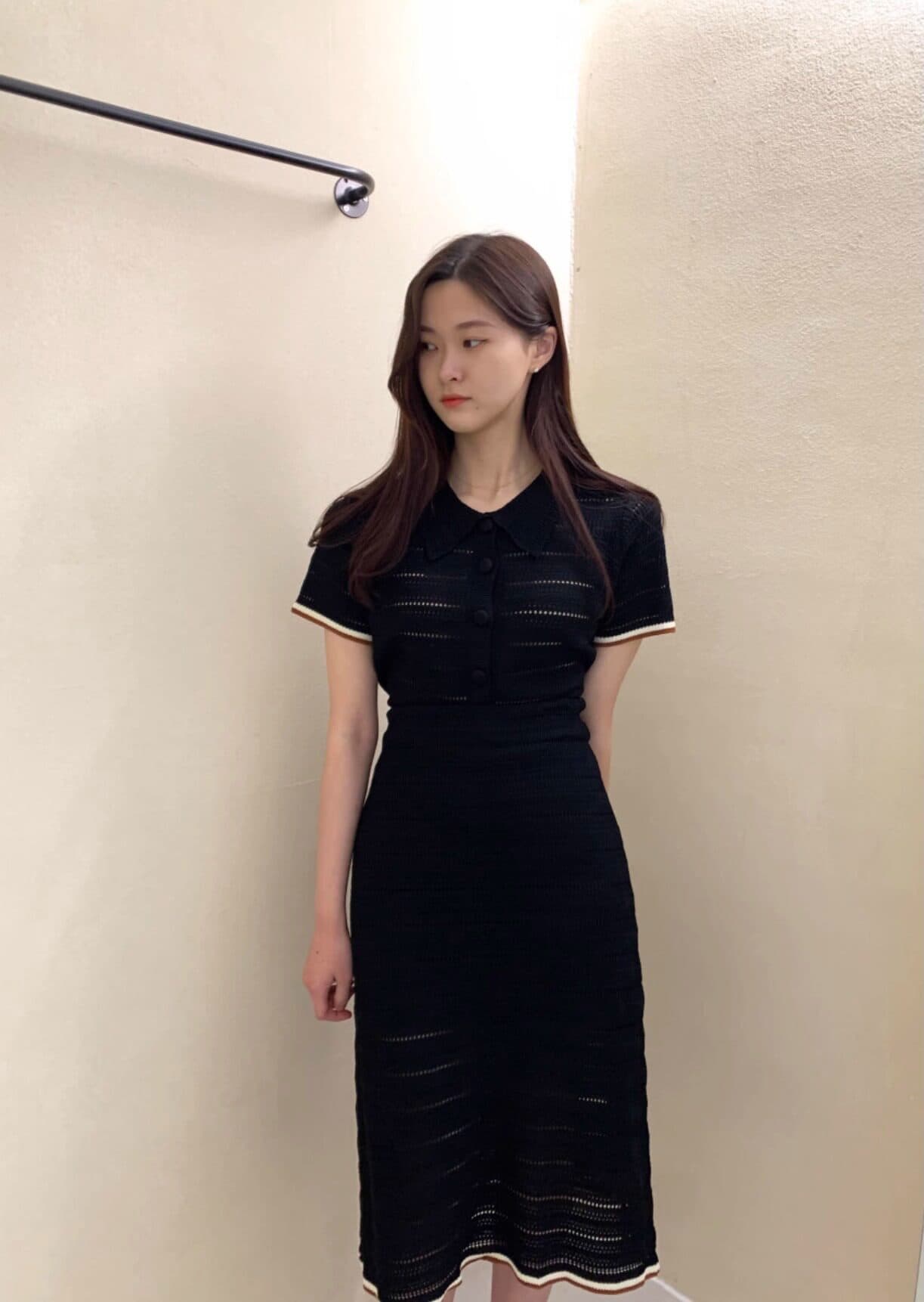 일본식 chic 작은 대중 폴로 칼라 홀로우 아웃 자카드 니트 스웨터 하이웨이스트 슬림해 보이는 타이트 스커트 반신 치마 세트 여성 봄 여름 상세 이미지 22