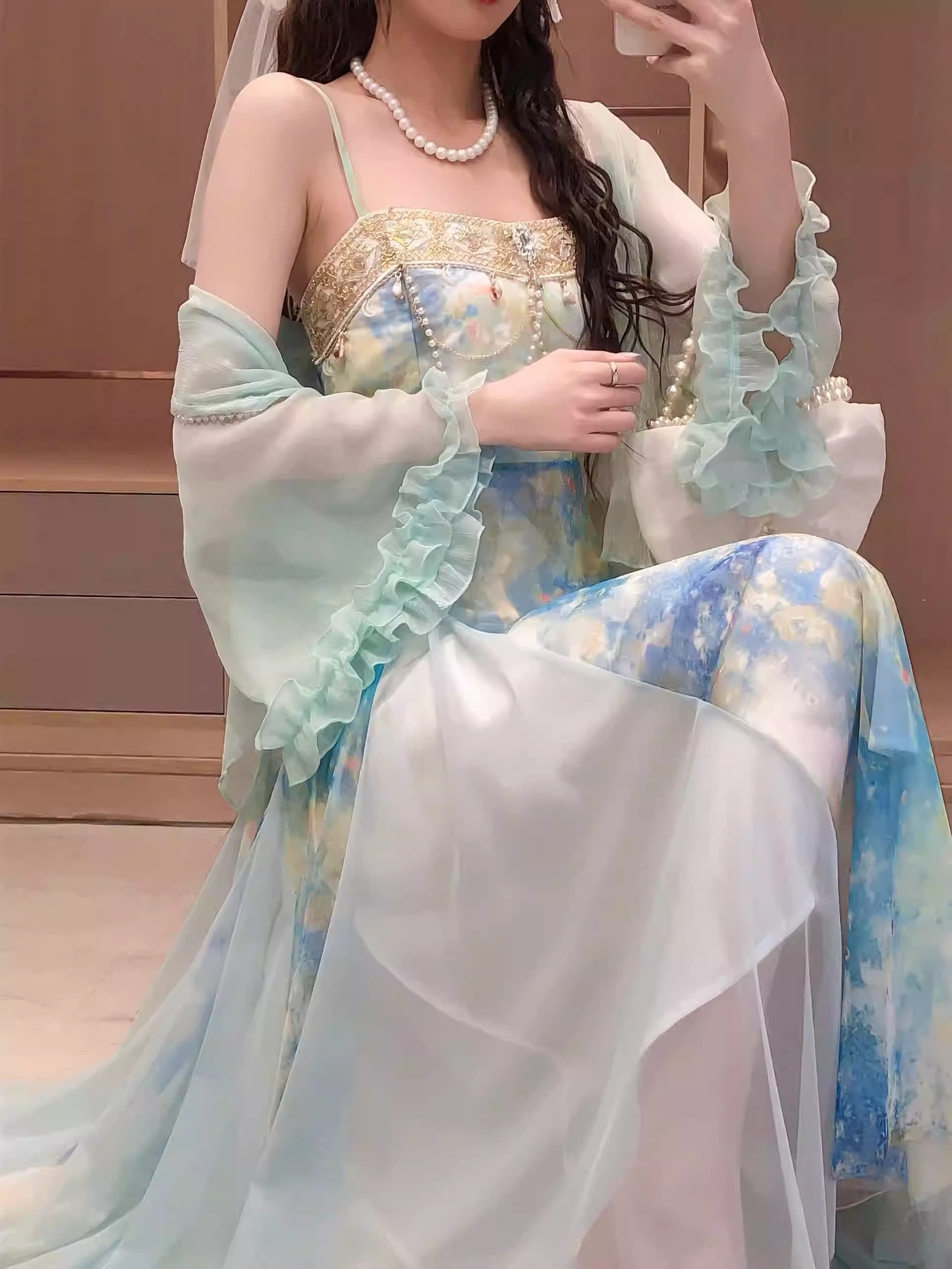봄 여름 프랑스식 빛 럭셔리 우아함 헤일로 염색 프린트 품격 패치워크 슬립 드레스 자외선 차단 오픈 가디건 세트 이미지 2