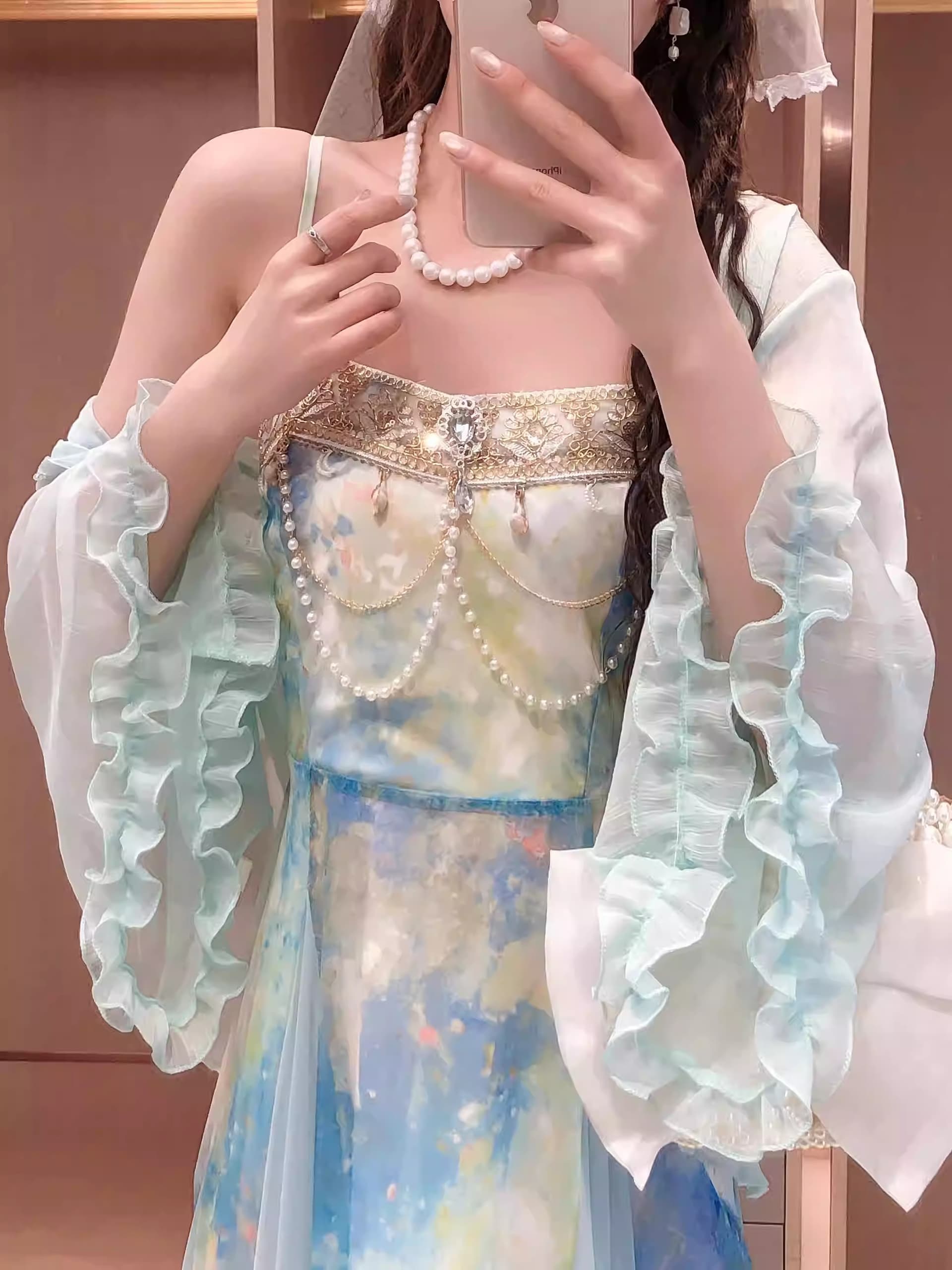 봄 여름 프랑스식 빛 럭셔리 우아함 헤일로 염색 프린트 품격 패치워크 슬립 드레스 자외선 차단 오픈 가디건 세트 이미지 4