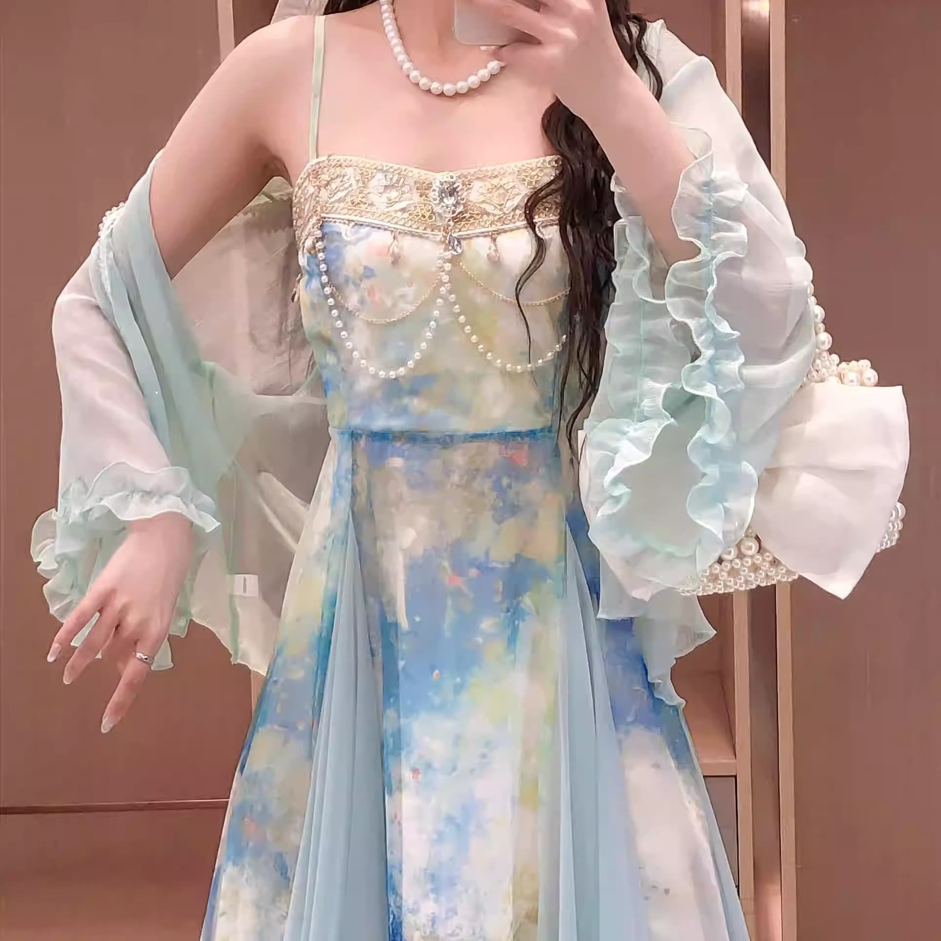 봄 여름 프랑스식 빛 럭셔리 우아함 헤일로 염색 프린트 품격 패치워크 슬립 드레스 자외선 차단 오픈 가디건 세트 이미지 5