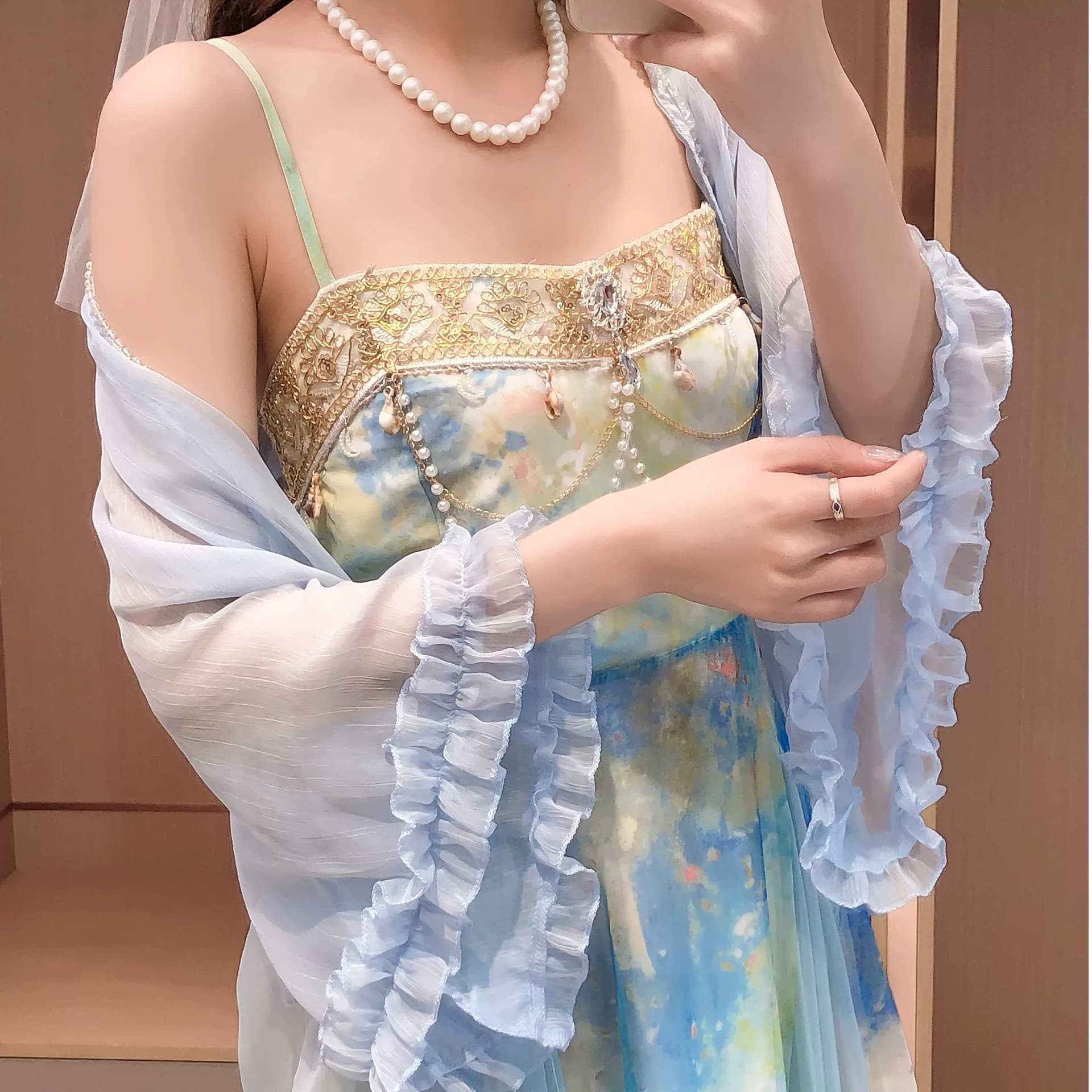 봄 여름 프랑스식 빛 럭셔리 우아함 헤일로 염색 프린트 품격 패치워크 슬립 드레스 자외선 차단 오픈 가디건 세트 상세 이미지 1