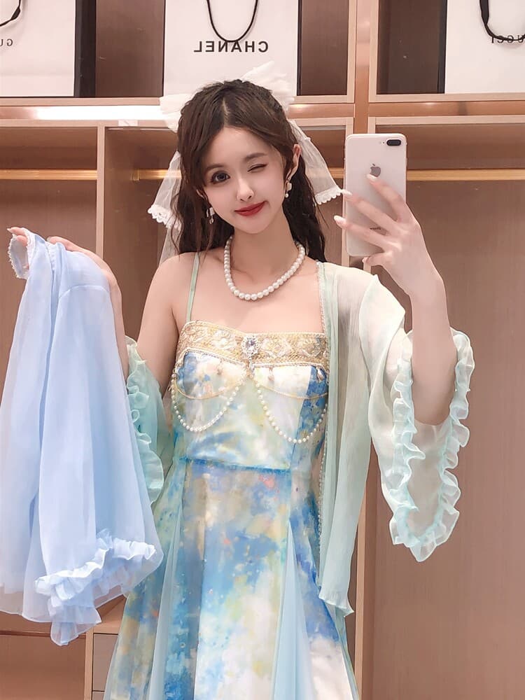 봄 여름 프랑스식 빛 럭셔리 우아함 헤일로 염색 프린트 품격 패치워크 슬립 드레스 자외선 차단 오픈 가디건 세트 상세 이미지 3