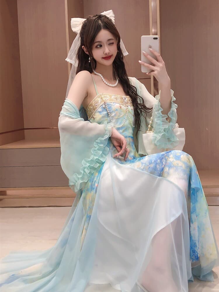 봄 여름 프랑스식 빛 럭셔리 우아함 헤일로 염색 프린트 품격 패치워크 슬립 드레스 자외선 차단 오픈 가디건 세트 상세 이미지 13