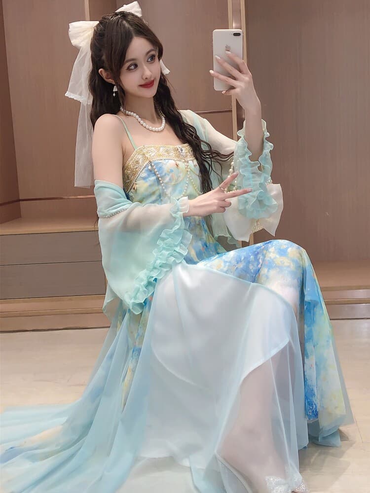 봄 여름 프랑스식 빛 럭셔리 우아함 헤일로 염색 프린트 품격 패치워크 슬립 드레스 자외선 차단 오픈 가디건 세트 상세 이미지 14