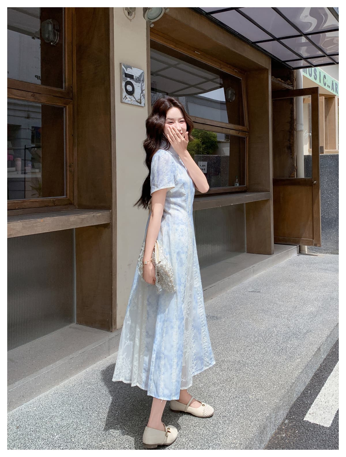 새로운 중식 국풍 개선 치파오 분말 보라색 여성 드레스 여름 2026 새로운 원 웨이 우아한 레이스 드레스 상세 이미지 9