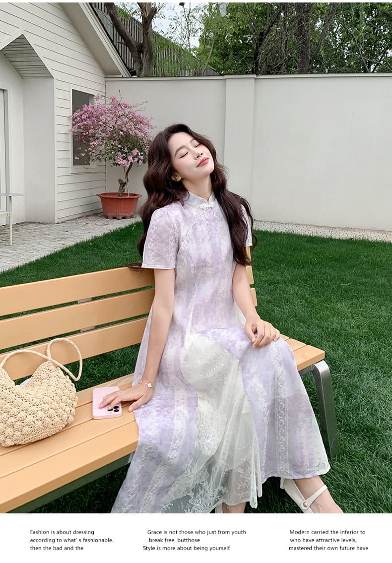 새로운 중식 국풍 개선 치파오 분말 보라색 여성 드레스 여름 2026 새로운 원 웨이 우아한 레이스 드레스 상세 이미지 32