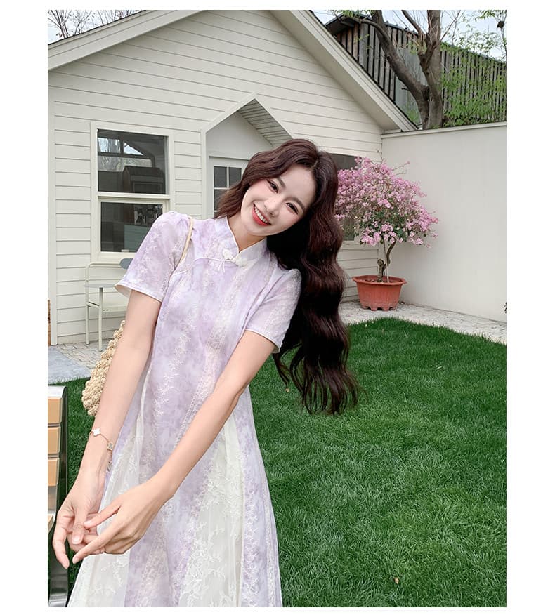 새로운 중식 국풍 개선 치파오 분말 보라색 여성 드레스 여름 2026 새로운 원 웨이 우아한 레이스 드레스 상세 이미지 36