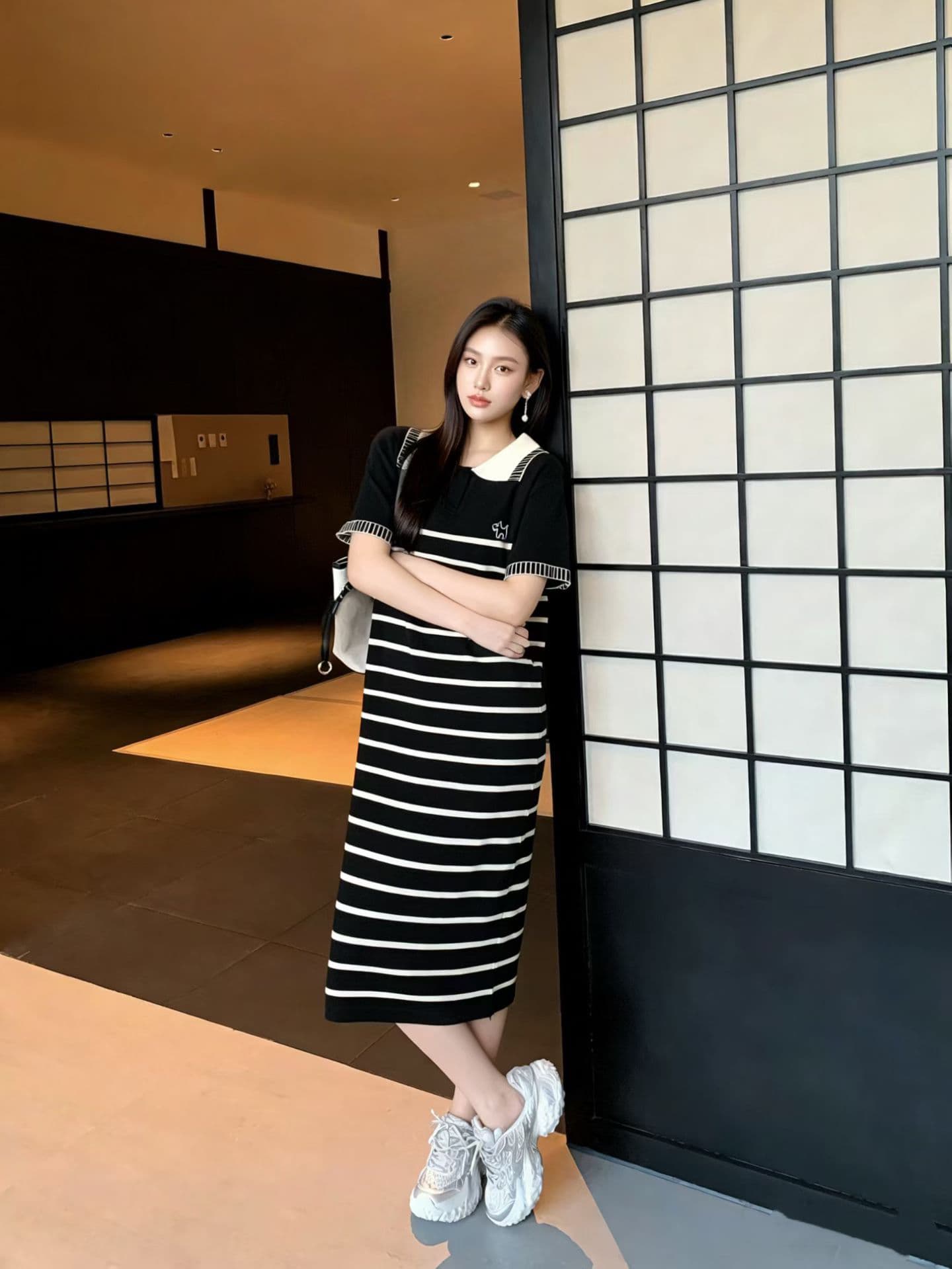 출산 착용 여름 신제품 폴로 칼라 스트라이프 품격 슬림해 보이는 드레스 얼음 실크 롱 스커트 상세 이미지 4