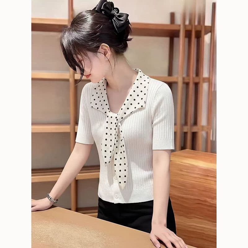 프랑스식 품격 스카프 칼라 도트 무늬 반팔 니트 스웨터 여성 여름 새로운 패션 몸매 가꾸기 슬림해 보이는 아름다운 작은 맨위 상세 이미지 5