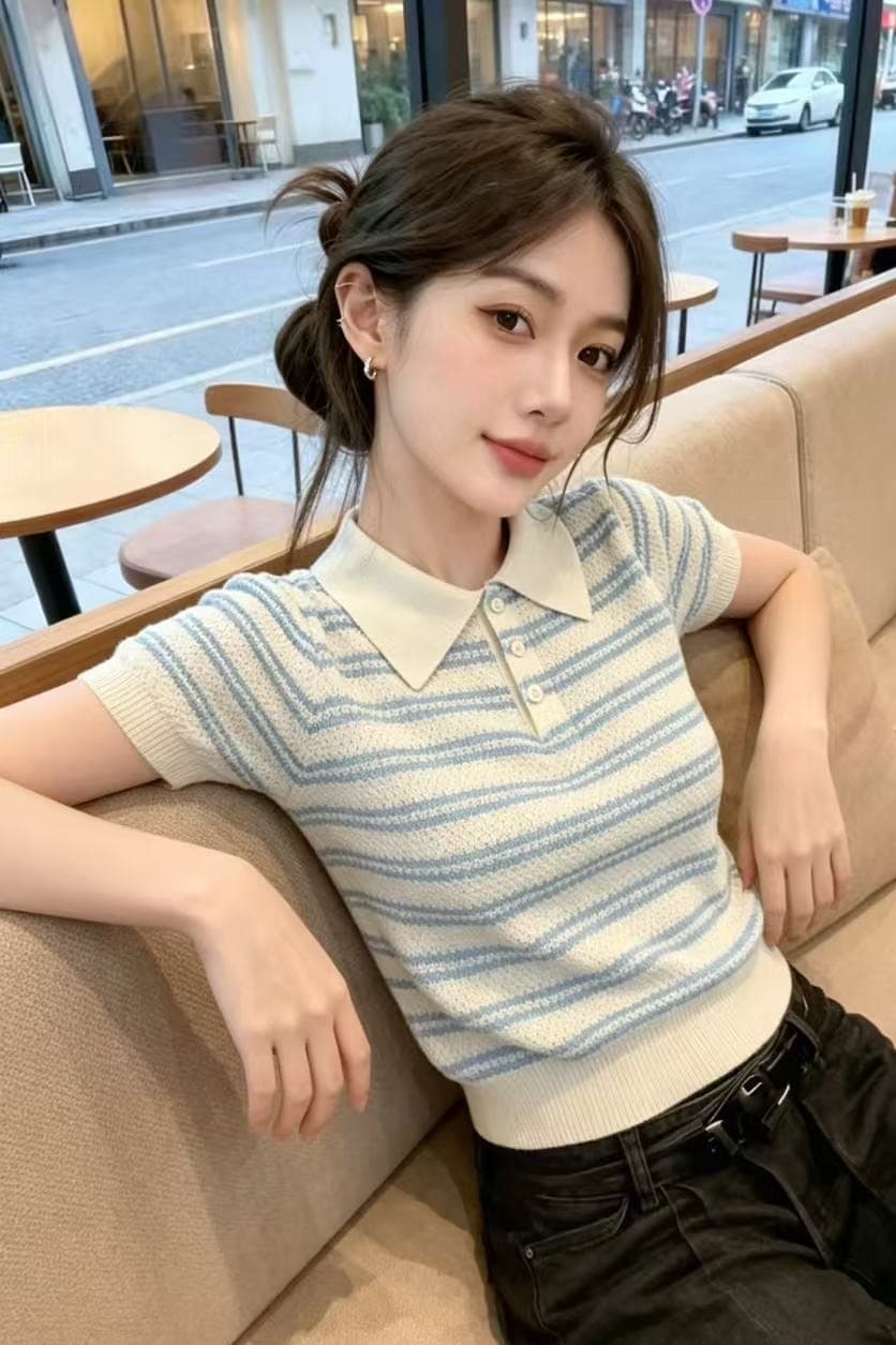 스트라이프 배색 니트 스웨터 반팔 티셔츠 여성 여름 디자인 센스 작은 대중 POLO 칼라 얼음 실크 얇은 스타일 긍정적 인 어깨 의류 이미지 2