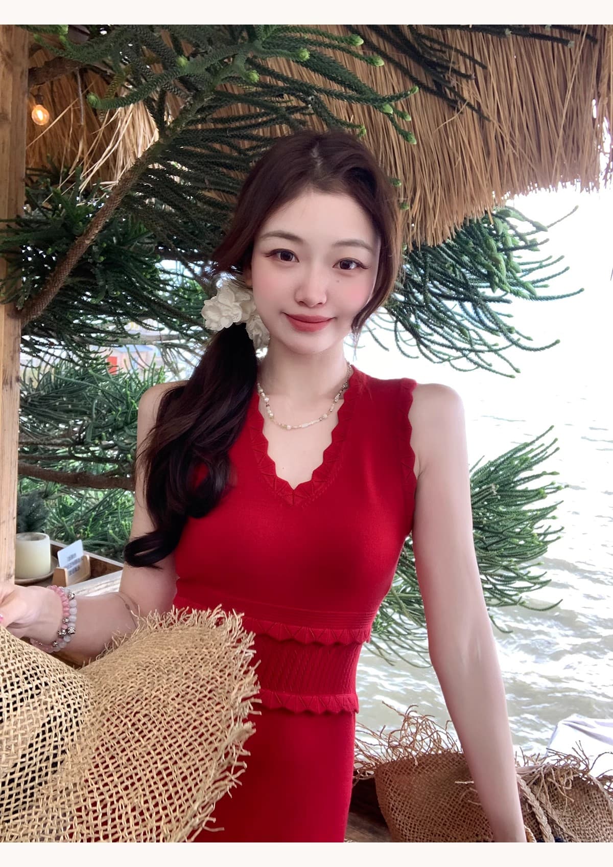 hepeachofficial 대도시 lady 프랑스식 V넥 몸매 가꾸기 니트 조끼 원피스 롱 스커트 여성 상세 이미지 1