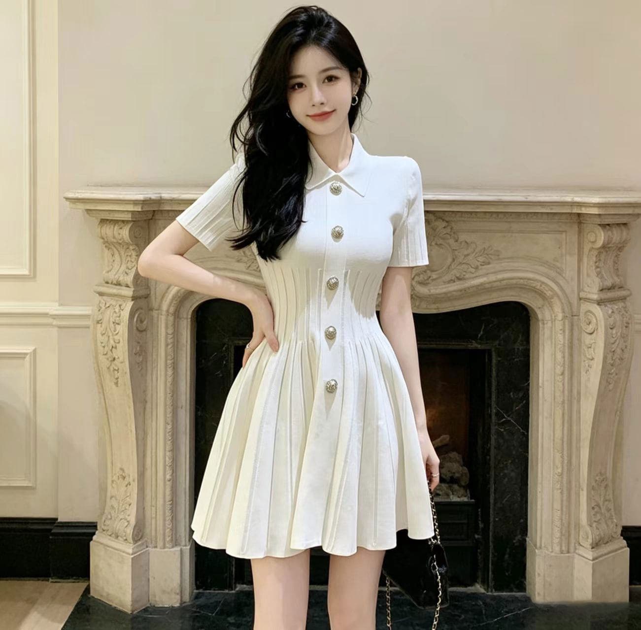 빛 럭셔리 작은 샤넬 스타일 화이트 POLO 칼라 니트 여성 드레스 2026 여름 드레스 작은 키 몸매 가꾸기 슬림해 보이는 A라인 스커트