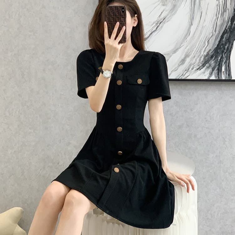 프랑스식 거품 소매 검정색 여성 드레스 얇은 스타일 그는 벤 바람 작은 검은 드레스 허리 수축 슬림해 보이는 A라인 스커트 여름 섹션 표지 고기 이미지 2