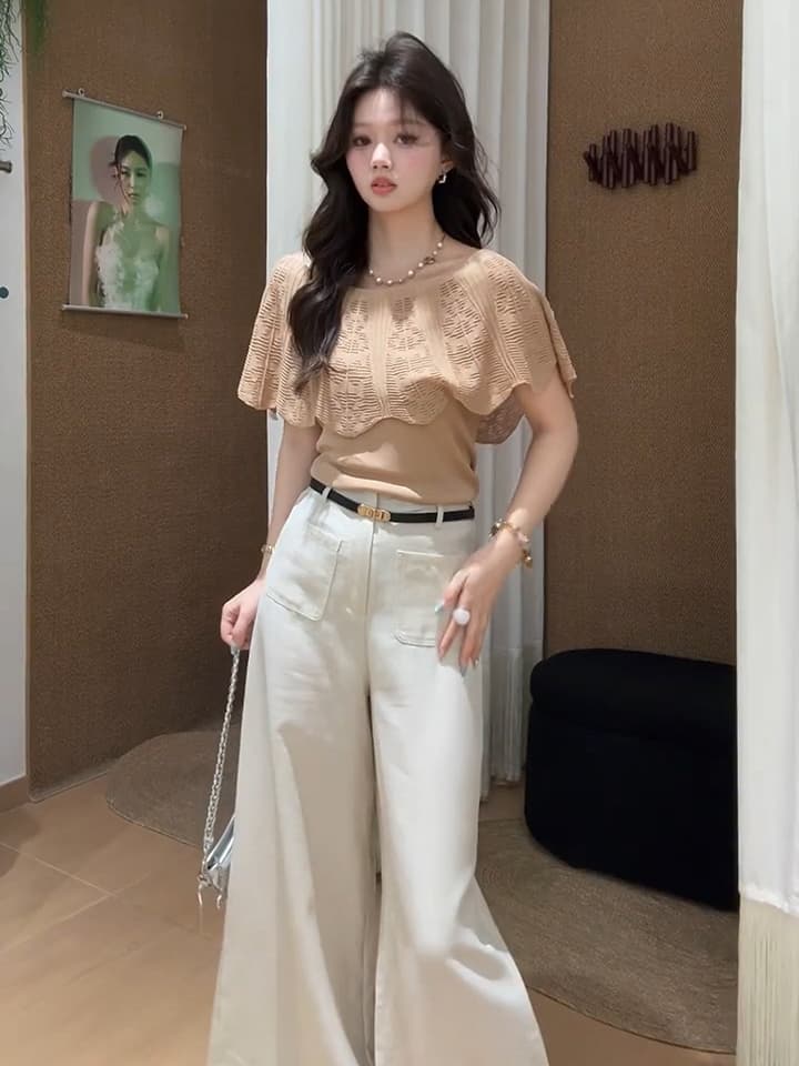 무쯔리 목자이 ~ 중 리 부드러운 순수한 욕망 바람 오프숄더 프릴 홀로우 아웃 니트 맨위 상세 이미지 1