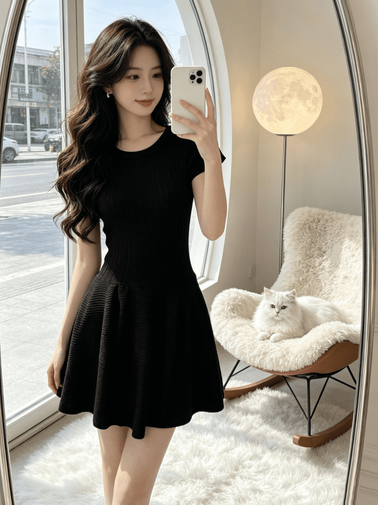 그는 벤 바람 니트 반팔 여성 드레스 2026 여름 새로운 허리 수축 슬림해 보이는 품격 퍼프 미니 스커트 작은 검은 드레스 상세 이미지 9