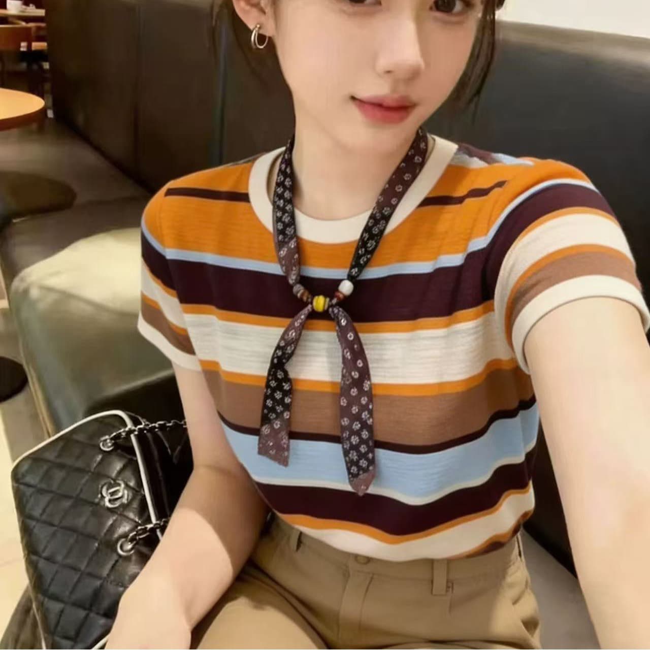 빛 요리 한 바람 스트라이프 배색 패치워크 라운드 넥 반팔 티셔츠 여성 2026 여름 새로운 몸매 가꾸기 슬림해 보이는 작은 대중 맨위 상세 이미지 5