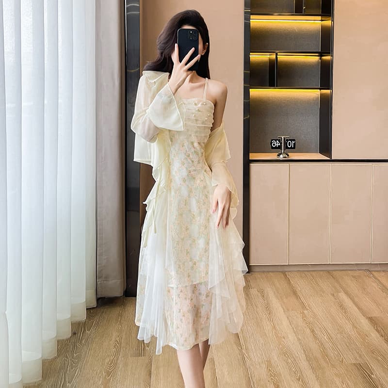 여름 자외선 차단 오픈 가디건 망사 꽃무늬 슬립 요정 해변가 휴가 드레스 품격 롱 스커트 세트 투피스 세트 이미지 2