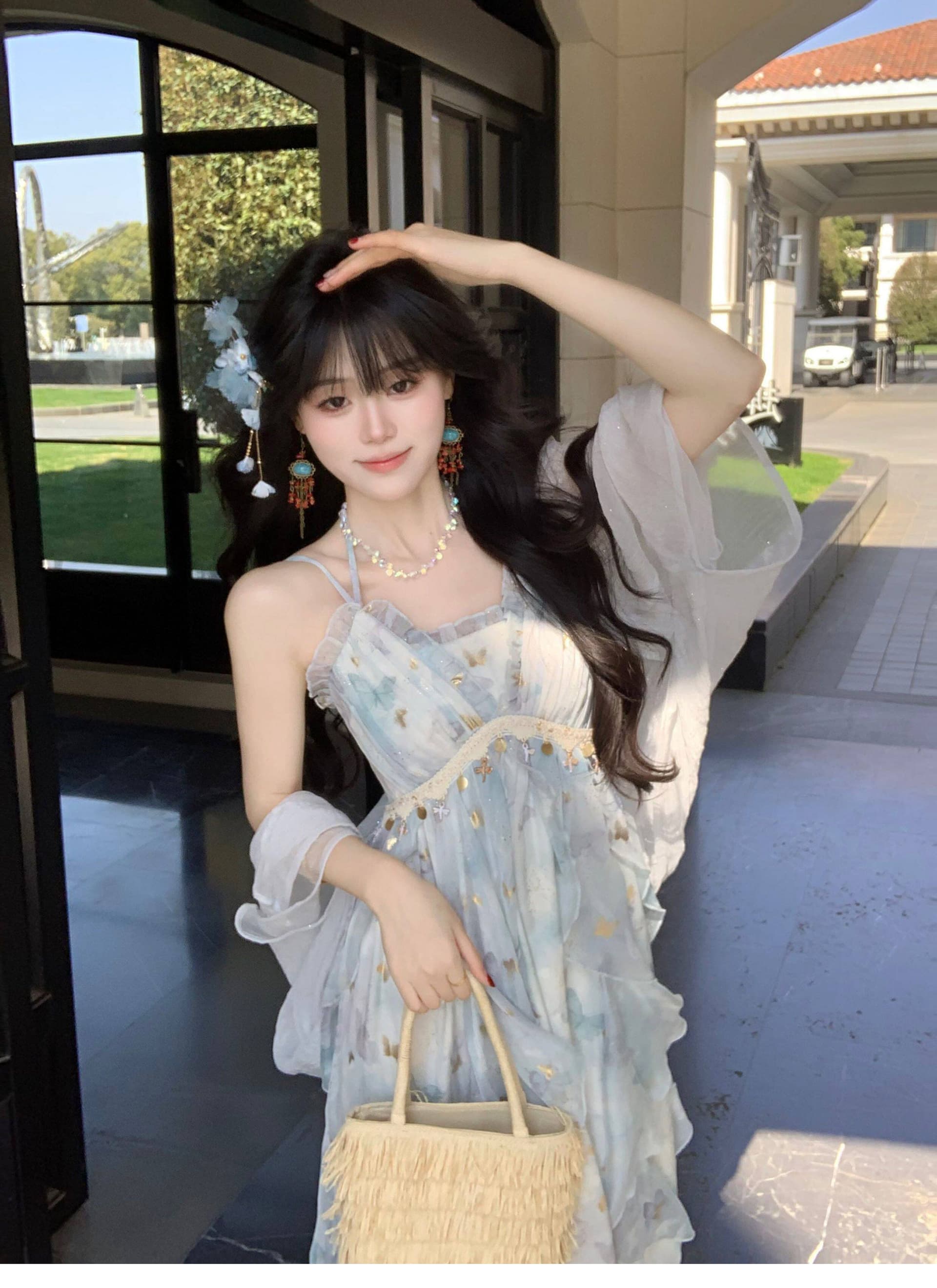 blovelan 나비 사랑 블루 벨 휴가 바람 나비 다림질 금박 프린트 불규칙 프릴 행침 목 슬립 드레스 여름 상세 이미지 14
